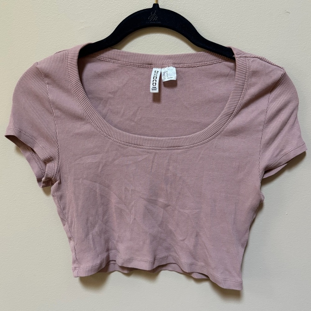 Divided Scoop Neck Ribbed Crop Top Sz M Medium Mauve Pink Cap Sleeves